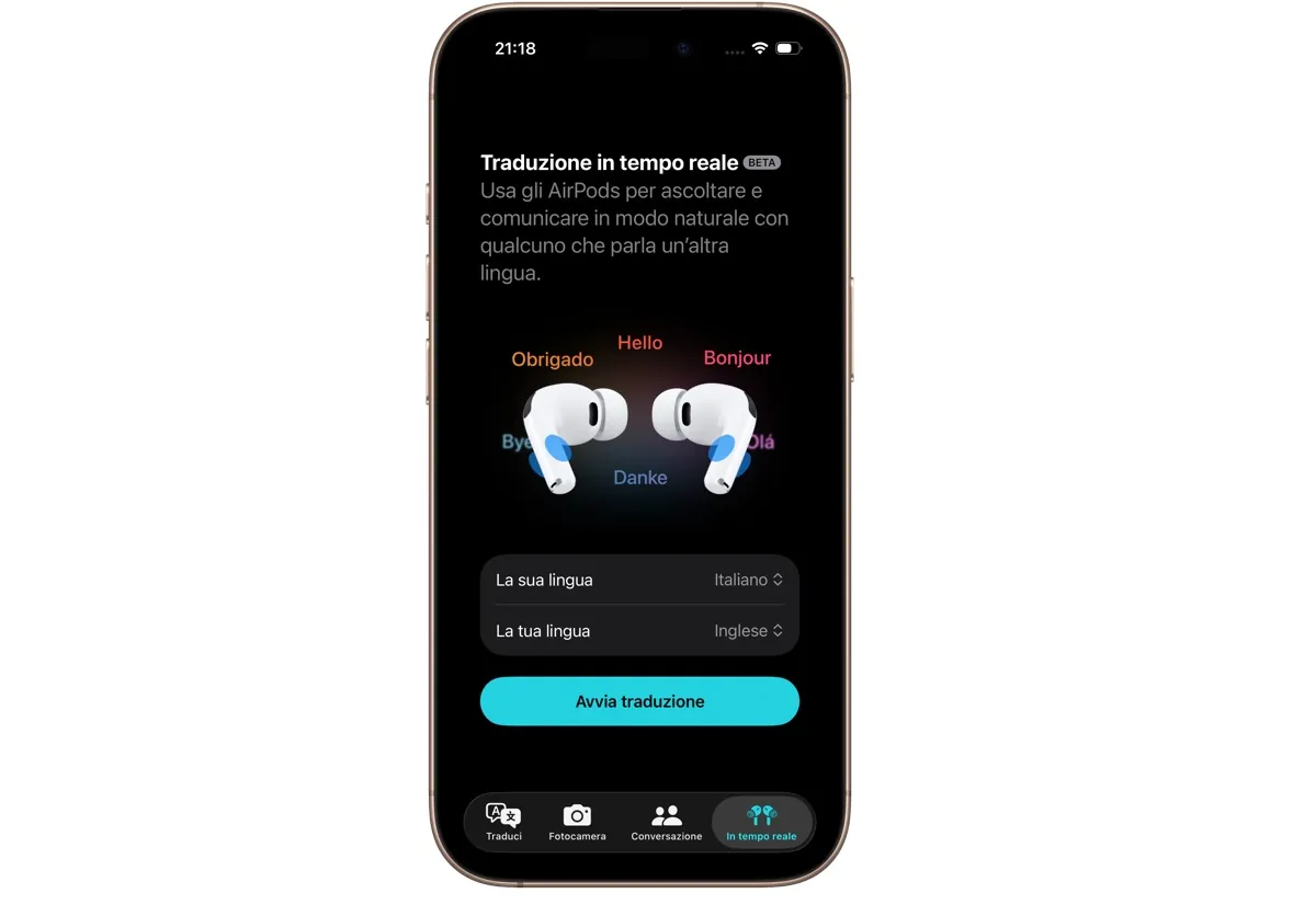 La schermata di avvio di Traduzione in Tempo Reale con gli Airpods