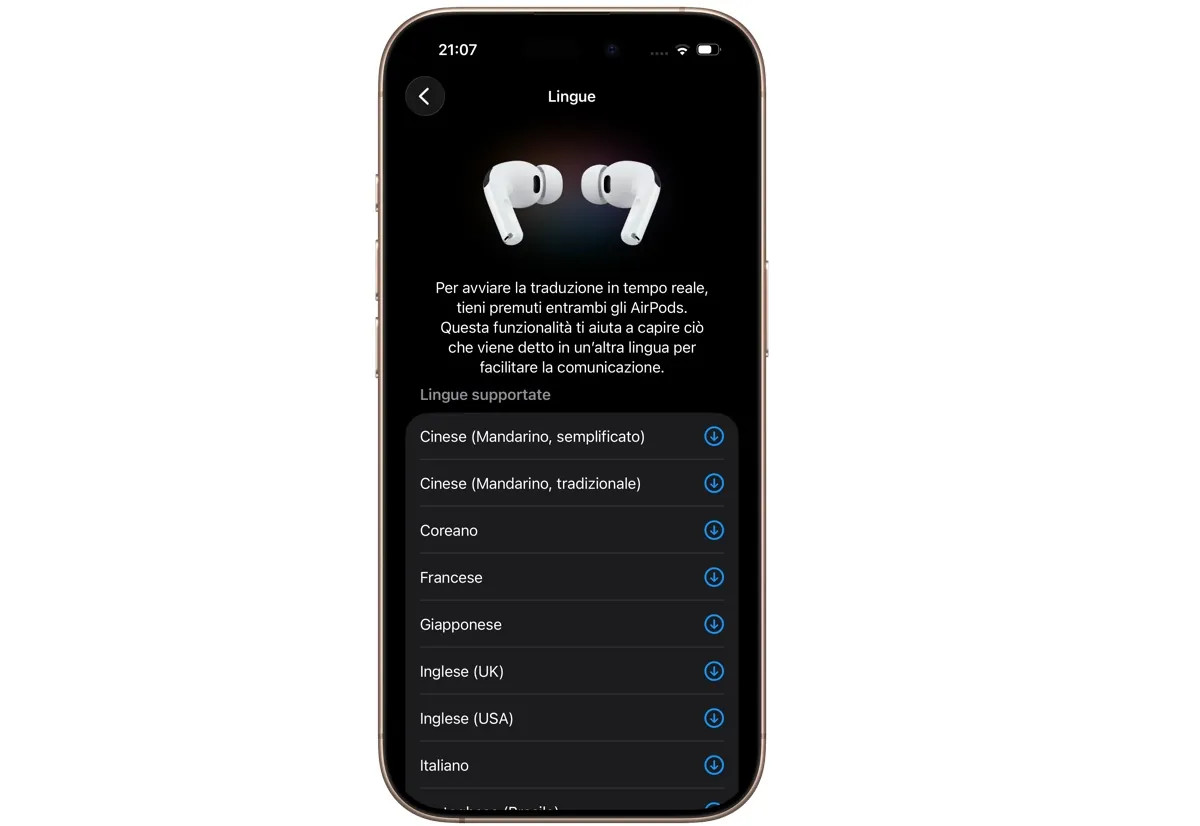 Le lingue supportate da Traduzione in Tempo Reale