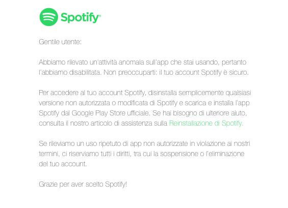 APK Spotify Premium - foto messaggio Spotify agli utenti